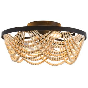 Imagem de MZMHD Ventilador De Teto Boho Com Luzes Embutidas, Contas Madeira Pretas Bohemia 20" Próximas À Luz, 4 Ventiladores Fechados Perfil Baixo Controle Remoto Para Quarto, Sala Estar E Cozinha