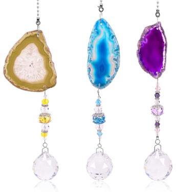 Imagem de Libiline Apanhador solar de cristal com fatia de ágata, prisma de bola de vidro pendurado, conjunto de 3 cores - roxo, azul, amarelo (fatia de ágata)