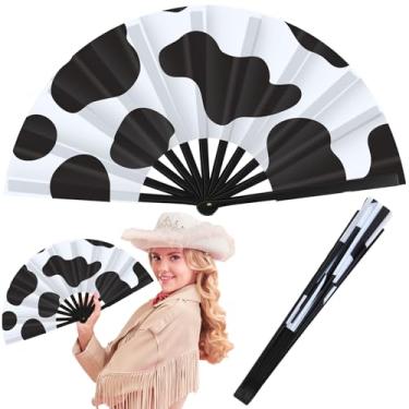 Imagem de GlikCeil 1 ventoinha dobrável de 33 cm com estampa de leque dobrável para festivais de música, eventos de clube, danças, cowgirl, acessório caubói para festa ocidental (estilo vaca)