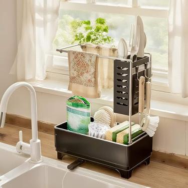 Imagem de Suporte de esponja para pia de cozinha, organizador de pia de 2 camadas com orifícios de drenagem e ganchos, comporta pano de prato, esponja e escovas, armazenamento de bancada de cozinha para novos