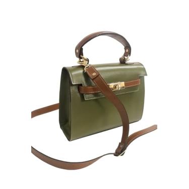 Imagem de Bolsa Feminina Elegante em Couro Legítimo Verde Oliva com Alça Transversal Marrom, Detalhes Dourados, Fecho Giratório