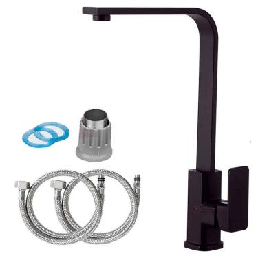 Imagem de Torneira Cozinha Grande de Bica Alta Luxo Misturador Quente e Frio Bancada Preta Em Aço Inox Mesa Pia Giratória 360°