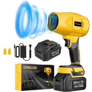 Imagem de Saker Soprador De Folhas Portátil Sem Fio, Aspirador Pó Turbo Jet 180.000 Rpm, Espanador Ar Comprimido Com Velocidade Ajustável Para Secagem, Limpeza Pátios E Camping, 2 Baterias, Amarelo