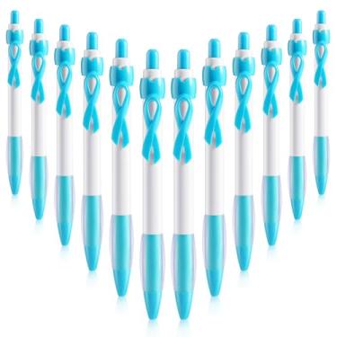 Imagem de 12 canetas esferográficas azul-petróleo para conscientização do câncer de cólon de ovário com tinta preta, produtos de conscientização do câncer de pâncreas de mama presentes de festa para mulheres