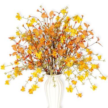 Imagem de MagicWreath Flores artificiais de outono com frutas silvestres, pacote com 12, palhetas florais de outono, 43 cm, caules de baga laranja com folhas de eucalipto, para colheita de outono, dia de Ação