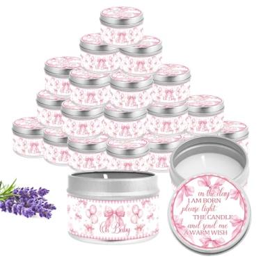 Imagem de Nlicrst 24 velas de festa de chá de bebê com laço - velas rosa perfumadas de lavanda para meninas, lembrancinhas de chá de bebê, batizado e festas de aniversário, revelação de gênero, presentes de