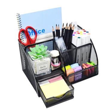 Imagem de Marte Vanci Organizador de mesa de malha de metal, 7 compartimentos, porta-lápis de tela, para mesa, organizadores de mesa e acessórios para escola, escritório em casa (preto)