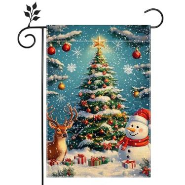 Imagem de Boneco de neve de inverno rena floco de neve bandeira de jardim para árvore de Natal externa bandeira de quintal de boas-vindas 30 x 46 cm serapilheira dupla face para férias fazenda bandeira ao ar
