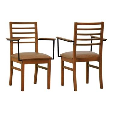 Imagem de Kit 2 Cadeiras Tiê Madeira Maciça Encosto Ripado c/Braço Metal - Amêndoa - Assento Estofado Corano Marrom Mescla