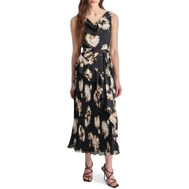 Imagem de DKNY Vestido midi plissado de manga curta e gola redonda, Preto Multi, 44