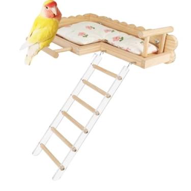 Imagem de Plataforma de poleiros de pássaros com escada de madeira acrílica, acessórios de gaiola de periquito, academia de madeira, exercícios resistentes para pássaros pequenos, periquitos, conures (com