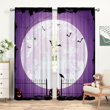 Imagem de ZTHMOE Cortinas roxas de Halloween Lua Cheia Grande Abóbora Assustadora Teia de Aranha Morcego Bolso para Janela Cortinas para Quarto Sala de Estar Conjunto de 2 Painéis 85,5 x 52 polegadas