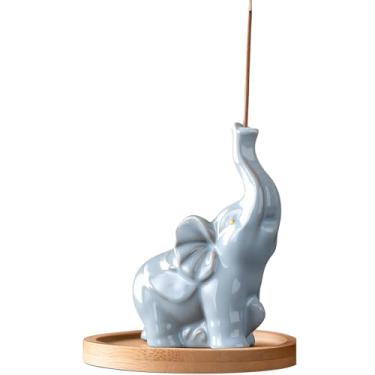 Imagem de Suporte de incenso de elefante de cerâmica com bandeja de cinzas de madeira – Estatueta fofa para decoração de casa, meditação, ioga, aromaterapia