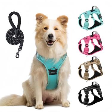 Imagem de Peitoral para cães, sem puxão, com 3 fivelas, ajustável, macio, acolchoado, com alça de controle instantâneo, colete refletivo fácil de caminhar para cães (preto, grande)