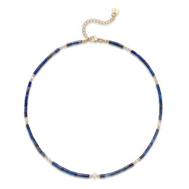 Imagem de Stjarna Gargantilha feminina com contas de lápis-lazúli, minúsculo, de água doce, joia de pedra natural feita à mão