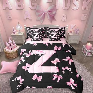 Imagem de Erosebridal Conjunto de cama casal com letra Z, 7 peças, lençol com laço fofo para meninas adolescentes em uma bolsa, conjunto de edredom com laço rosa com monograma, moderno, feminino, fofo