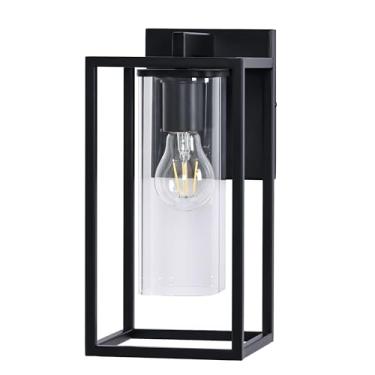 Imagem de Pia Ricco Luzes de parede externas, lanterna de parede externa preta com sombra de vidro transparente quadrada, luminárias externas à prova d'água, iluminação moderna de varanda frontal para casa