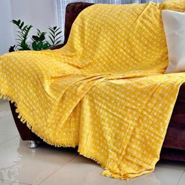 Imagem de Manta para Sofá e Cama, 240 x 180 cm, 100% Algodão, Protetor Gigante (Pontilhada Amarela e Branco)