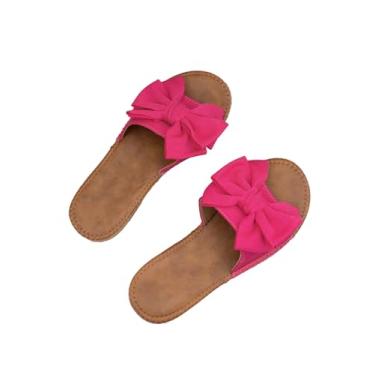 Imagem de GORGLITTER Sandália rasteira feminina com nó de laço, bico aberto, sem cadarço, sem cadarço, Laço rosa choque, 41