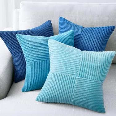 Imagem de Topfinel Capas de almofada azul 40,6 x 40,6 cm, veludo ocidental, azul, cinza, conjunto de 4 com veludo cotelê listrado, fronhas com detalhes macios boho para sofá, cama, sala de estar, decoração de