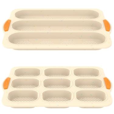 Imagem de UKQRRTC 2 peças de forma de pão de hambúrguer, bandeja de silicone para bolo, forma de pão caseira macia, forma de bolo fácil de desmoldar, bandeja de bolo para micro-ondas e geladeira (bege branco)