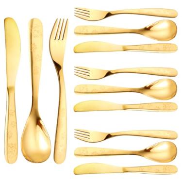 Imagem de DJAPWPX Conjunto de utensílios infantis de aço inoxidável, 12 peças, conjunto de talheres para crianças, espelho, polido, garfo e colher, kit de talheres, pode ser lavado na lava-louças (dourado)