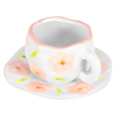 Imagem de kaimenhong Caneca de café de cerâmica com conjunto de pires, copo de arte com leite irregular, caneca de chá de cerâmica de 300 ml, xícara de café de chá de porcelana estética vintage com alça, xícara