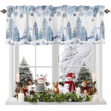 Imagem de Cortina de Natal para Janelas Azul Floco de Neve Inverno Branco Varão Bolso Sanefa Tratamento de Janela Rena Alce Floresta Cortinas Curtas para Cozinha, Janelas, Banheiro, Quarto, 137 x 45 cm