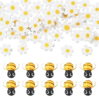 Imagem de SUNNYCLUE 1 caixa com cerca de 64 peças de contas de flor de abelha contas de vidro 3D lampwork mola de vidro forma de abelha inseto animal margarida branca contas de flor a granel para fazer joias