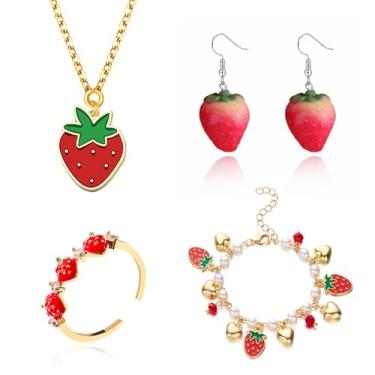 Imagem de CSIYANJRY99 Conjunto de joias de morango para mulheres, brincos de morango, colar e pulseira, acessórios de anel com tema de frutas, bijuterias de festa, presente, Large, Liga de aço, Sem Pedra