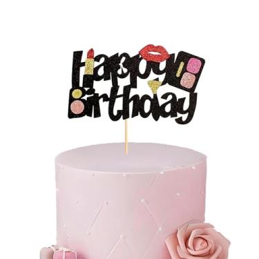 Imagem de 1 peça, enfeite de bolo de feliz aniversário, batom, sombra de lábios, glitter, enfeite de bolo, decoração para chá de panela, mulheres, tema de maquiagem, festa de aniversário, suprimentos