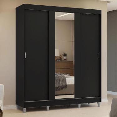 Imagem de Guarda-Roupa Casal com Pés 3 Portas de Correr com Espelho Preto Reno Madesa
