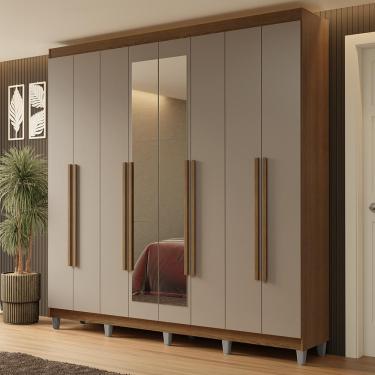 Imagem de Guarda-Roupa Casal com Pés 8 Portas Batentes com Espelho Rustic/Crema/Rustic Netuno Madesa