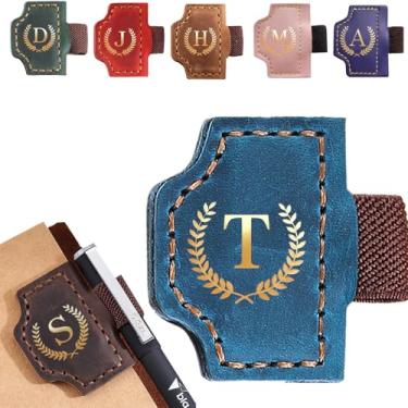 Imagem de Marcador de livro personalizado com suporte de caneta, marcador magnético de couro, 26 letras, presentes para amantes de livros, leitores, marcadores de livro de couro para homens e mulheres (azul, T)