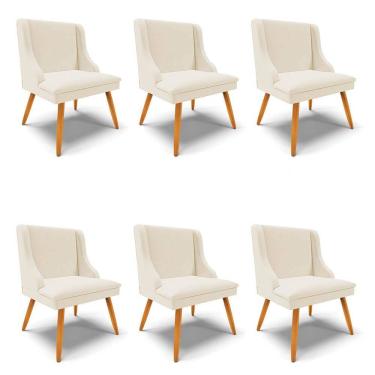 Imagem de Kit 6 Cadeiras Estofadas para Sala de Jantar Pés Palito Lia Linho Bege - Ibiza