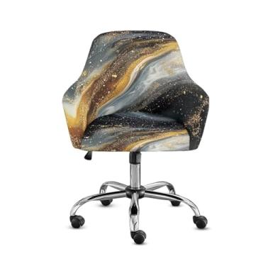 Imagem de Cugasmaru Capas de cadeira de mesa elásticas em mármore preto dourado para poltronas, capa elástica para banco de bar com costas e braços, capa completa extensível para cadeira giratória, escritório