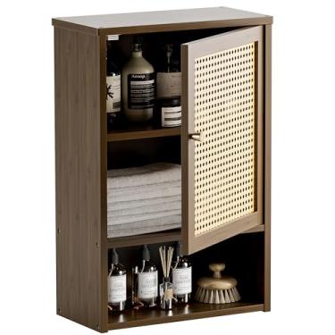 Imagem de HITNET Armário de remédios de bambu, armário de banheiro montado na parede com prateleira ajustável, organizador de armazenamento suspenso de porta de vime único sobre vaso sanitário para entrada