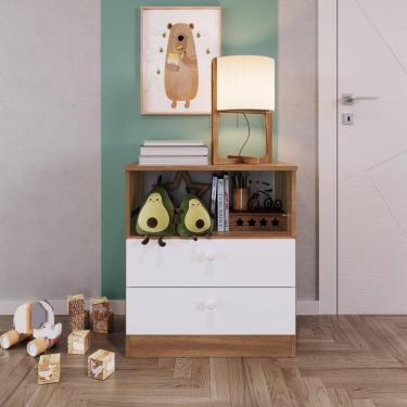 Imagem de Cômoda Infantil Organizadora 2 Gavetas Com Nicho 60,8cm Para Quarto De Bebê Nogal Com Branco