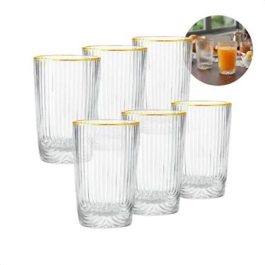 Imagem de Jogo 6 Copos De Vidro Com Borda Dourada Filete Alto 420ml Transparente