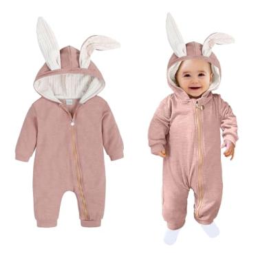 Imagem de AGQT Fantasia de coelhinho para meninos e bebês, roupas de Páscoa, Halloween, macaquinho com capuz e orelha de coelho, com capuz, rosa escuro, tamanho 3-6 meses