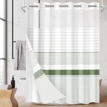 Imagem de Nesphy Cortina de chuveiro Boho sem gancho com forro de tecido, tecido moderno listrado verde sálvia e branco com duas camadas à prova d'água com janela superior transparente cortina de banho com