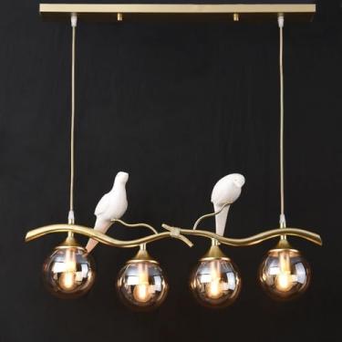 Imagem de Luminária pendente industrial linear de cozinha com 4 luzes e cúpula de vidro âmbar, decoração de pássaros, iluminação pendente de meados do século, lustre vintage dourado e fumê, para mesa