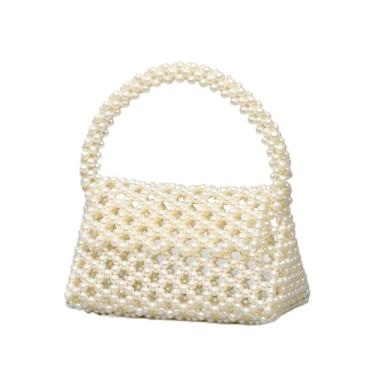 Imagem de GRUMOTA Bolsa de mão com alça superior com contas de pérolas, pequena bolsa de mão estruturada em triângulo oco de pérola sintética para festa de casamento à noite