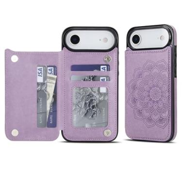Imagem de Capa carteira para iPhone Air, anti-impressão digital com couro sintético durável e TPU, padrão mandala em relevo, à prova de choque, 3 compartimentos para cartão e suporte (roxo)