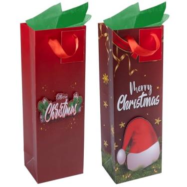 Imagem de RACHELLE'S Sacos de vinho de Natal – 35,56 x 12,7 x 10,2 cm (pacote com 2) – Sacos de presente de papel resistente com papel de seda, etiqueta e alça – designs de guirlanda e chapéu de feriado