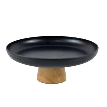 Imagem de Suporte de bolo de cerâmica para sobremesa com base de madeira com pedestal de cupcake japonês, tigela de frutas, 20 cm, bandeja de sobremesa redonda para tortas, aperitivos de frutas (preto)
