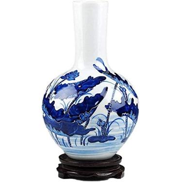 Imagem de Vaso de cerâmica artesanal com base rotativa padrão lótus acessórios para sala de estar quarto (32 * 20 cm) para flores