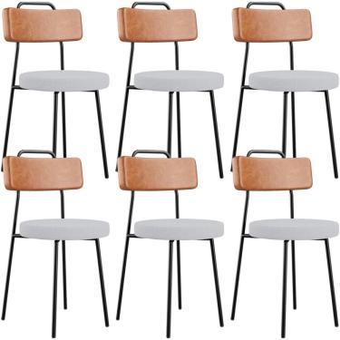 Imagem de Kit 06 Cadeiras Decorativas Estofada Sala Jantar Barcelona L02 Couríssimo Camel Linho Cinza - Lyam