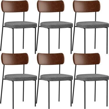 Imagem de Kit 06 Cadeiras Para Sala De Jantar Melina L02 Couríssimo Marrom Linho Cinza Escuro - Lyam Decor