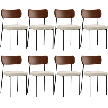 Imagem de Kit 08 Cadeiras Para Sala De Jantar Melina L02 Couríssimo Marrom Linho Champagne - Lyam Decor